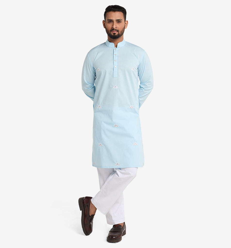 MAHAL Exclusive Sky Blue Panjabi w/ All Over Lotus Embroidery