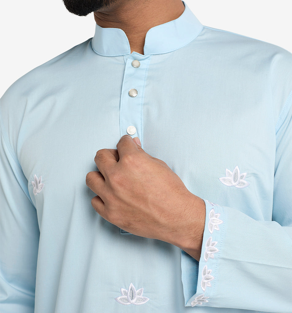 MAHAL Exclusive Sky Blue Panjabi w/ All Over Lotus Embroidery