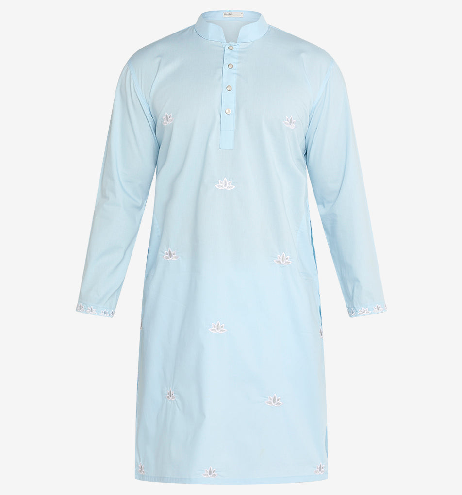 MAHAL Exclusive Sky Blue Panjabi w/ All Over Lotus Embroidery