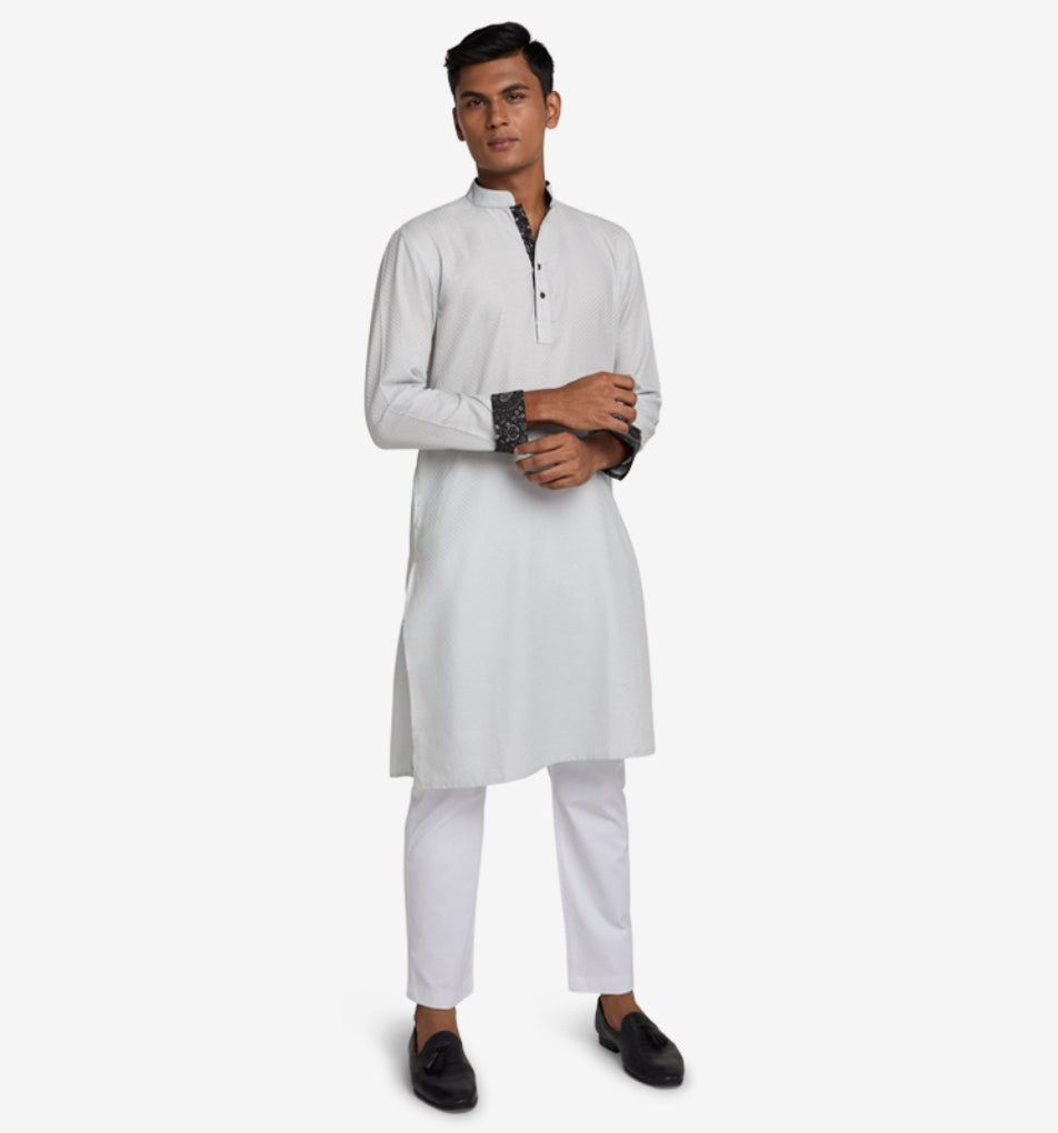 MAHAL Pearl Grey Jacquard Paisley Panjabi