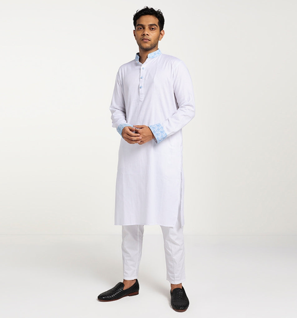 MAHAL White Panjabi w/ Powder Blue Floral Embroidery