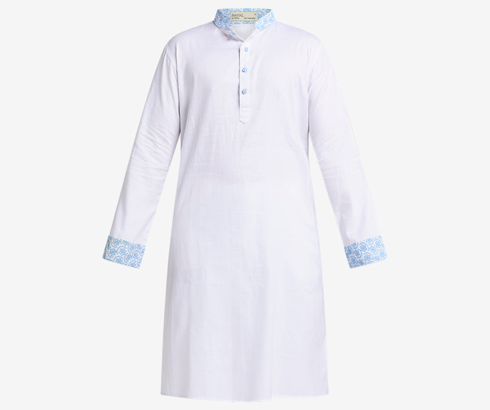 MAHAL White Panjabi w/ Powder Blue Floral Embroidery