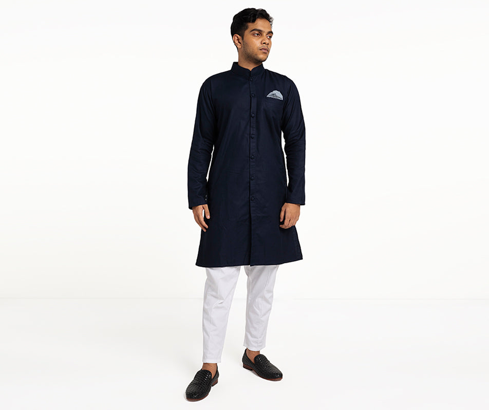 MAHAL Navy Sherwani w/ Pocket Square