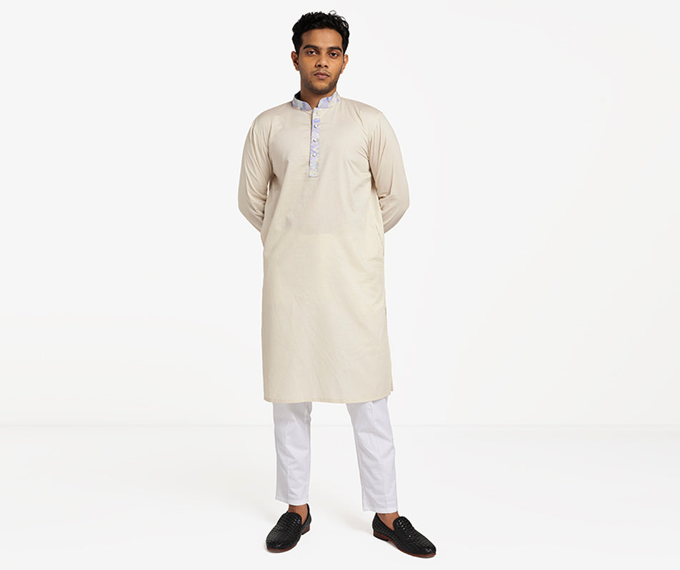 MAHAL Oatmeal Panjabi w/ Pastel Leaf Accent