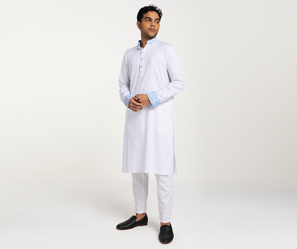 MAHAL White Panjabi w/ Powder Blue Floral Embroidery