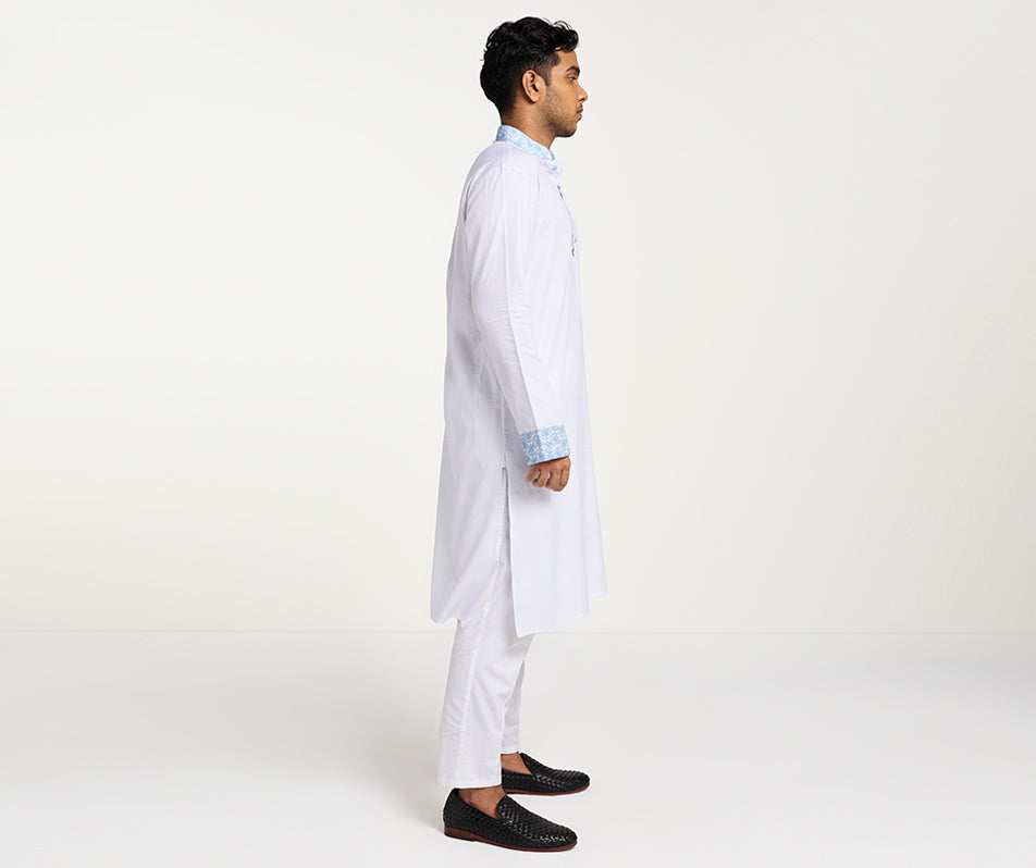 MAHAL White Panjabi w/ Powder Blue Floral Embroidery