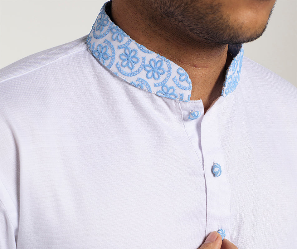 MAHAL White Panjabi w/ Powder Blue Floral Embroidery