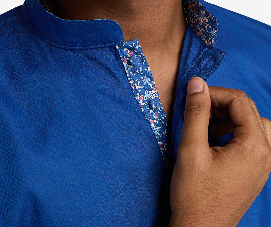 MAHAL Cobalt Blue Jacquard Floral Panjabi