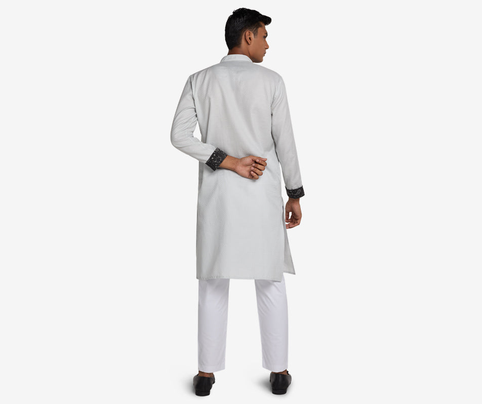MAHAL Pearl Grey Jacquard Paisley Panjabi