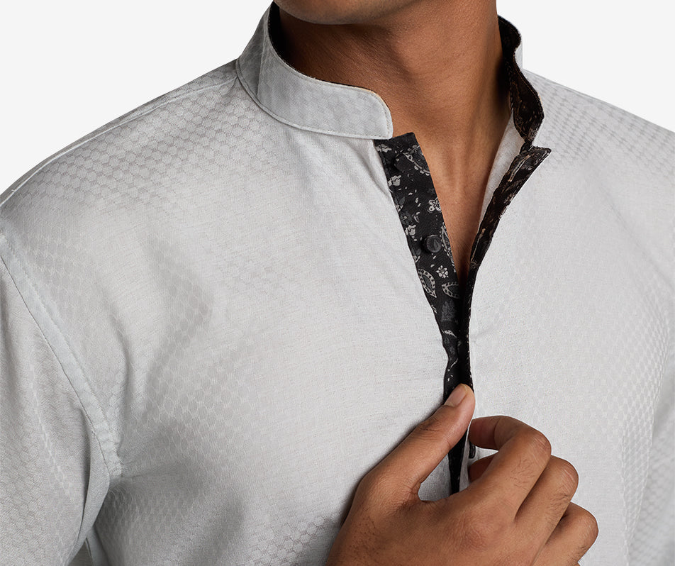 MAHAL Pearl Grey Jacquard Paisley Panjabi