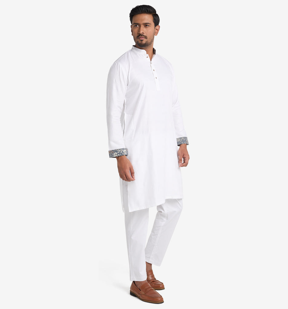 MAHAL Ultra-Soft White Panjabi w/ Floral Accent