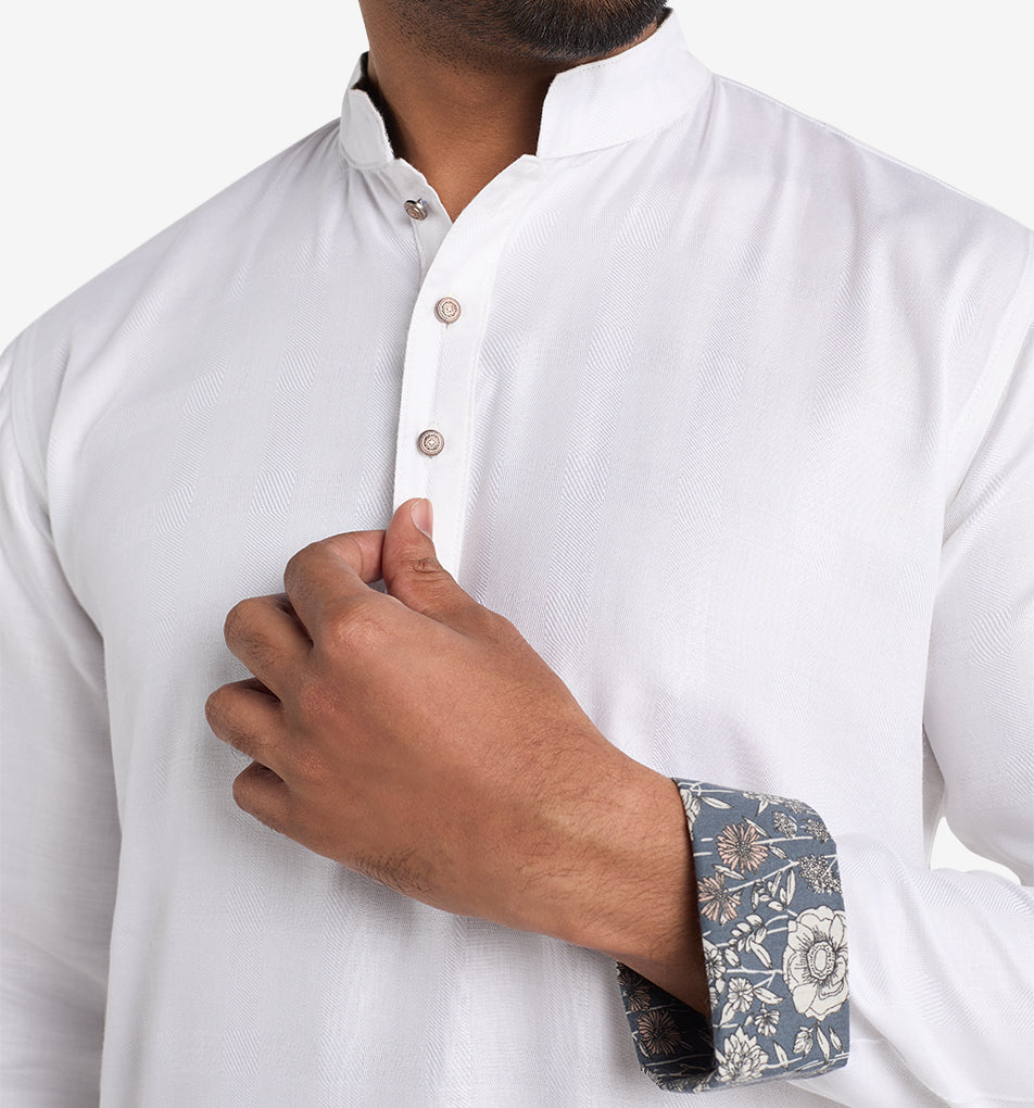 MAHAL Ultra-Soft White Panjabi w/ Floral Accent