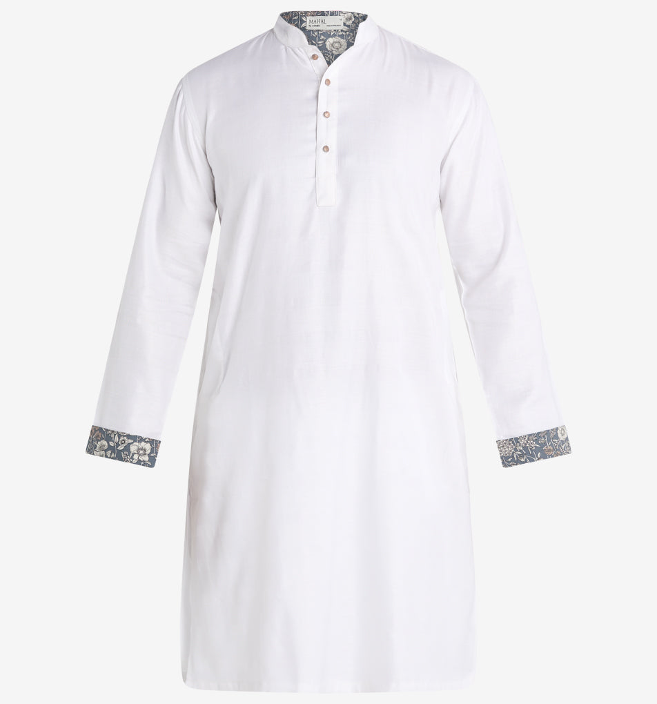 MAHAL Ultra-Soft White Panjabi w/ Floral Accent