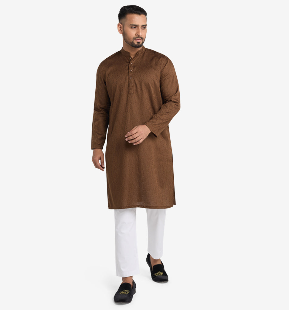 MAHAL Nutshell Brown Jacquard Floral Panjabi