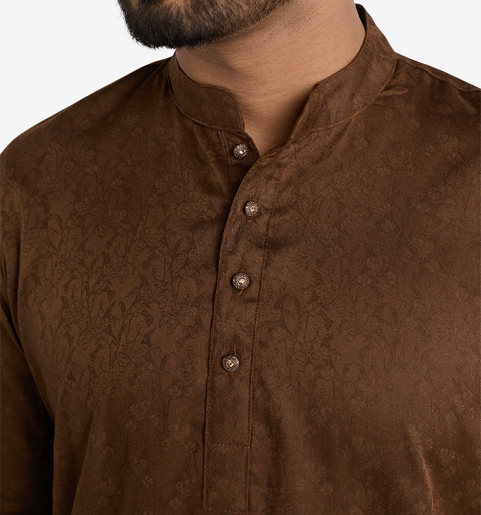 MAHAL Nutshell Brown Jacquard Floral Panjabi