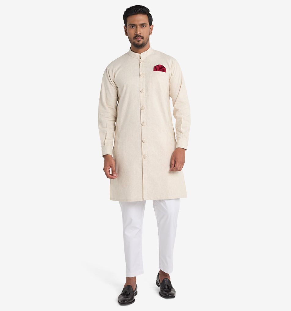 MAHAL Ivory Regal Sherwani Panjabi w/ Pocket Square