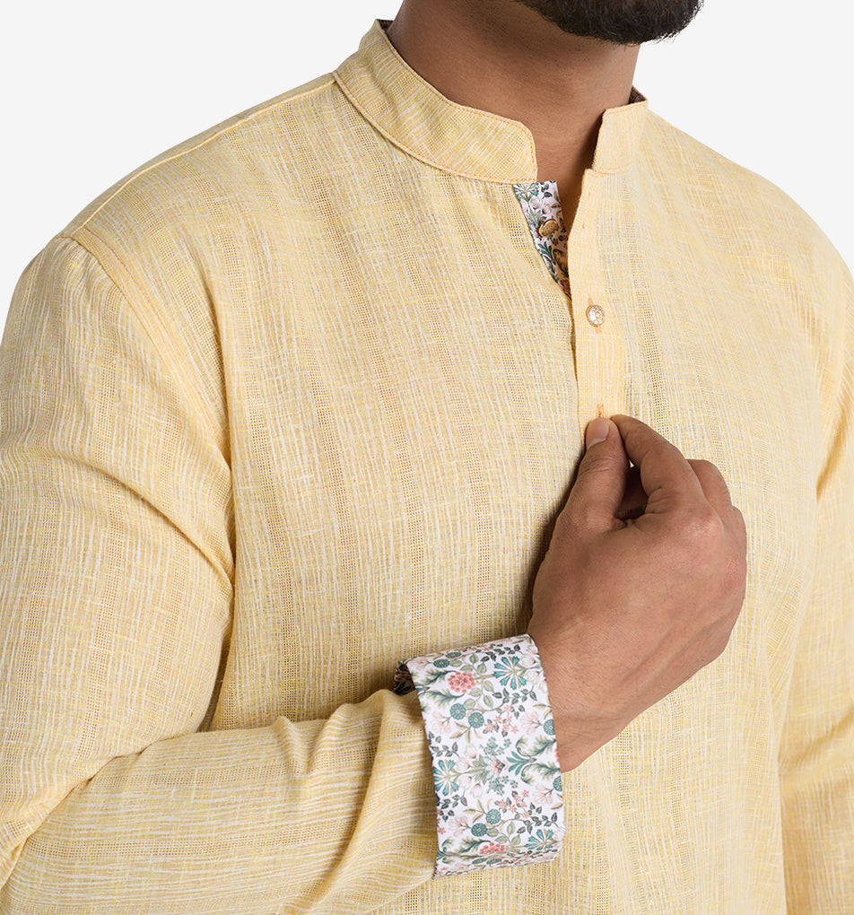 MAHAL Laguna Yellow Textured Panjabi w/ Floral Accent