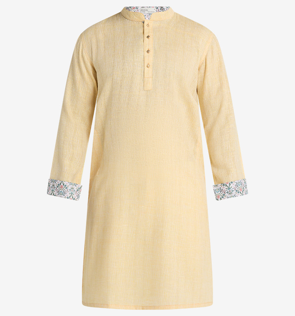 MAHAL Laguna Yellow Textured Panjabi w/ Floral Accent