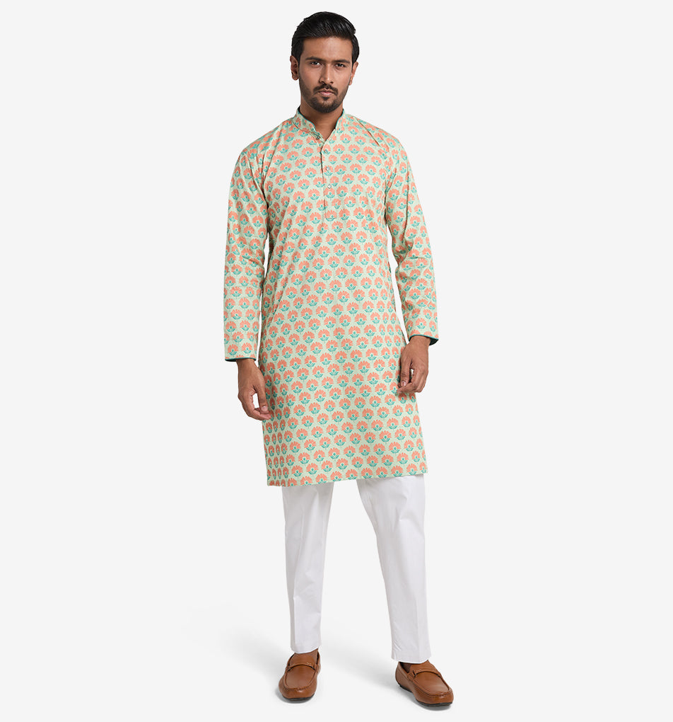 MAHAL Exclusive Mint Flower Bed Printed Panjabi