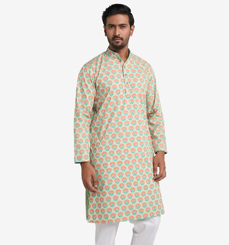 MAHAL Exclusive Mint Flower Bed Printed Panjabi