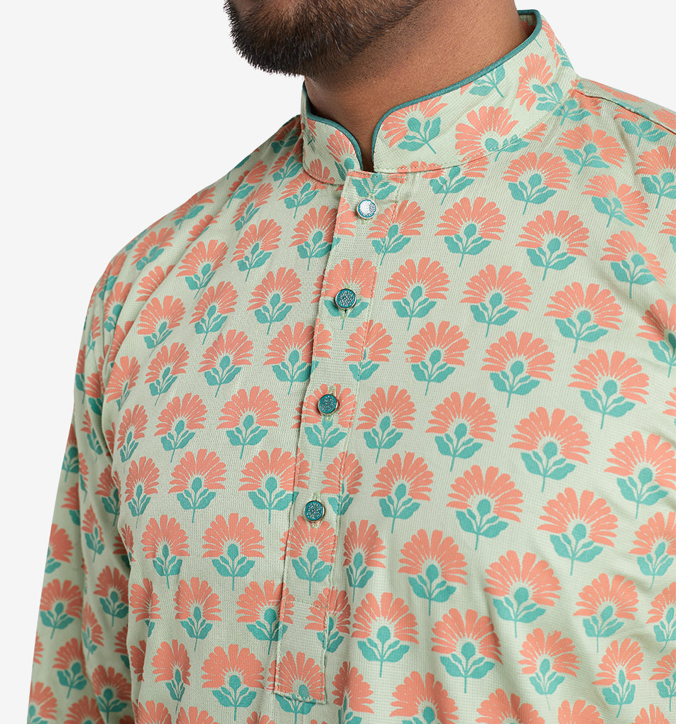 MAHAL Exclusive Mint Flower Bed Printed Panjabi