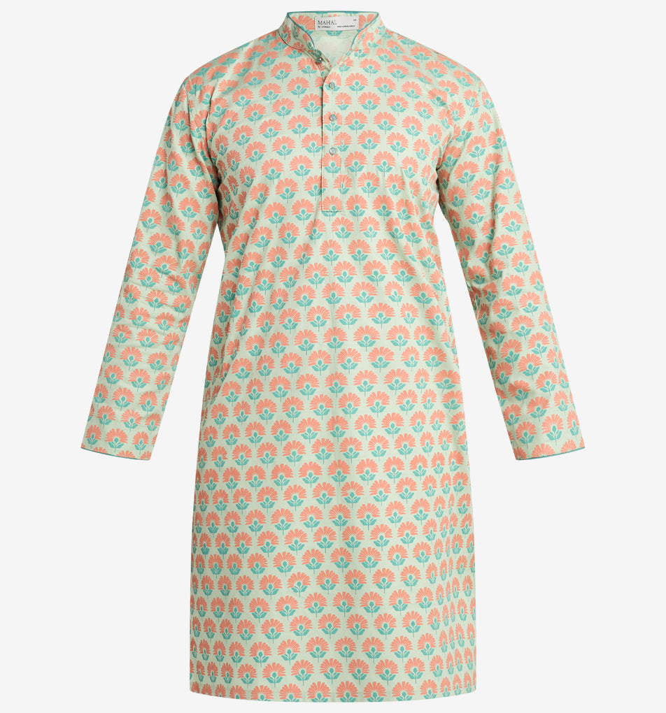 MAHAL Exclusive Mint Flower Bed Printed Panjabi