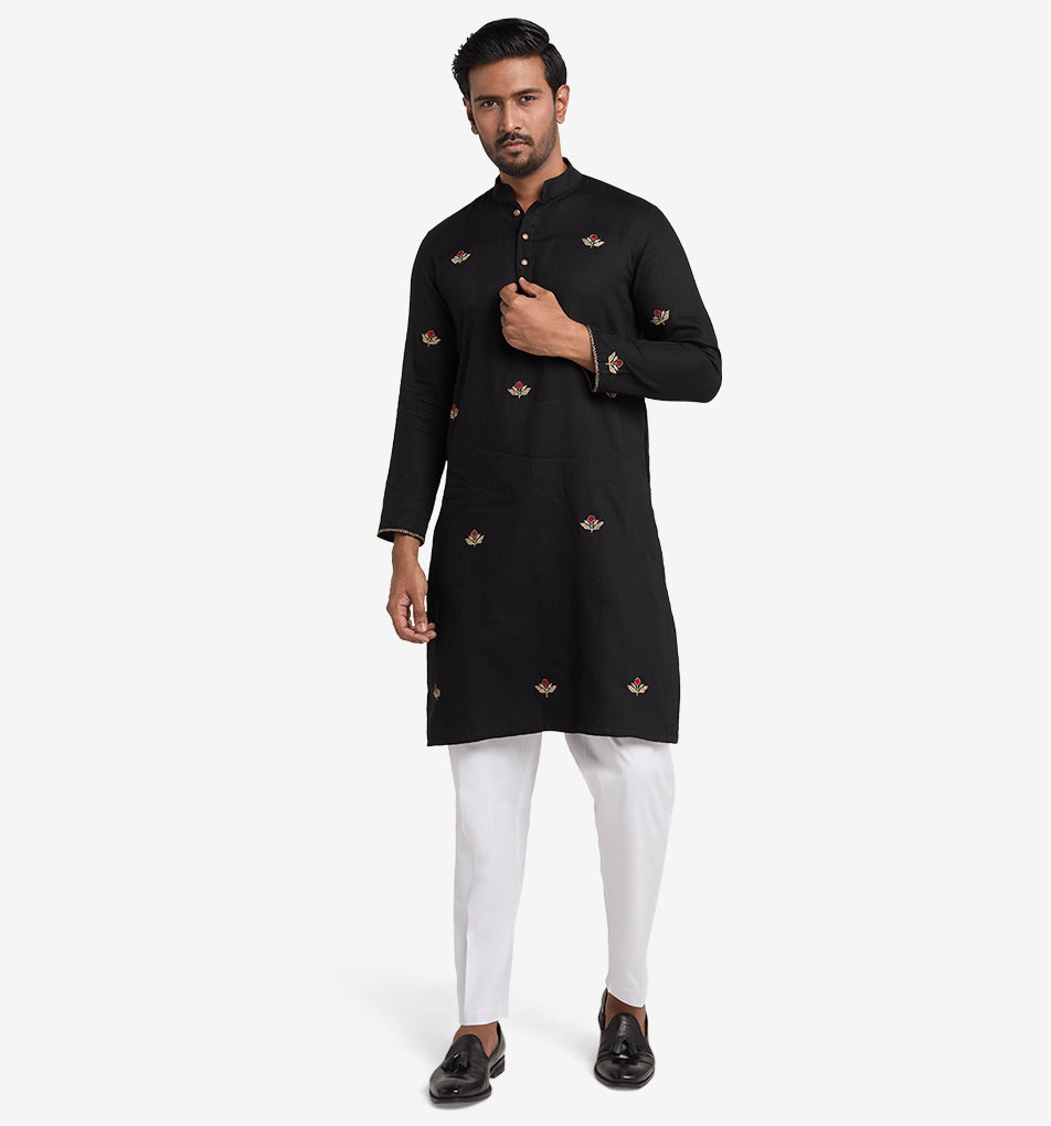 MAHAL Exclusive Black Panjabi w/ Ruby & Gold Embroidery