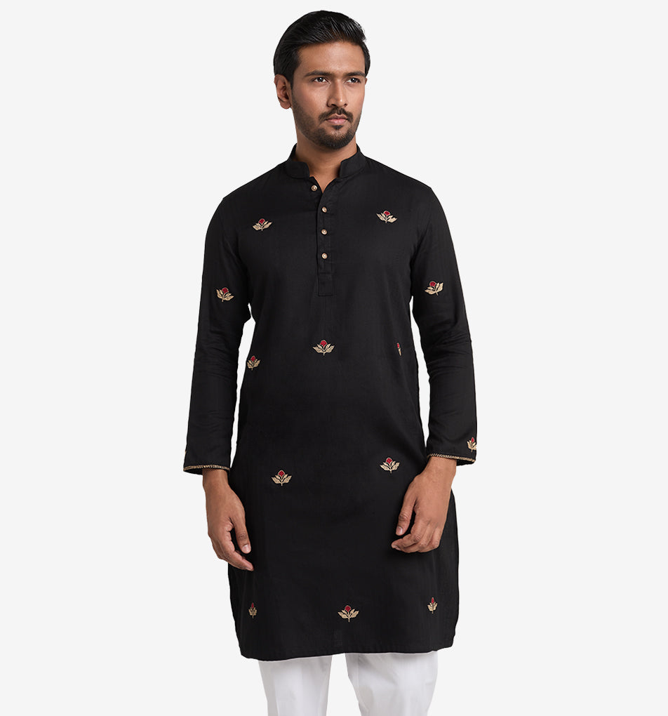 MAHAL Exclusive Black Panjabi w/ Ruby & Gold Embroidery