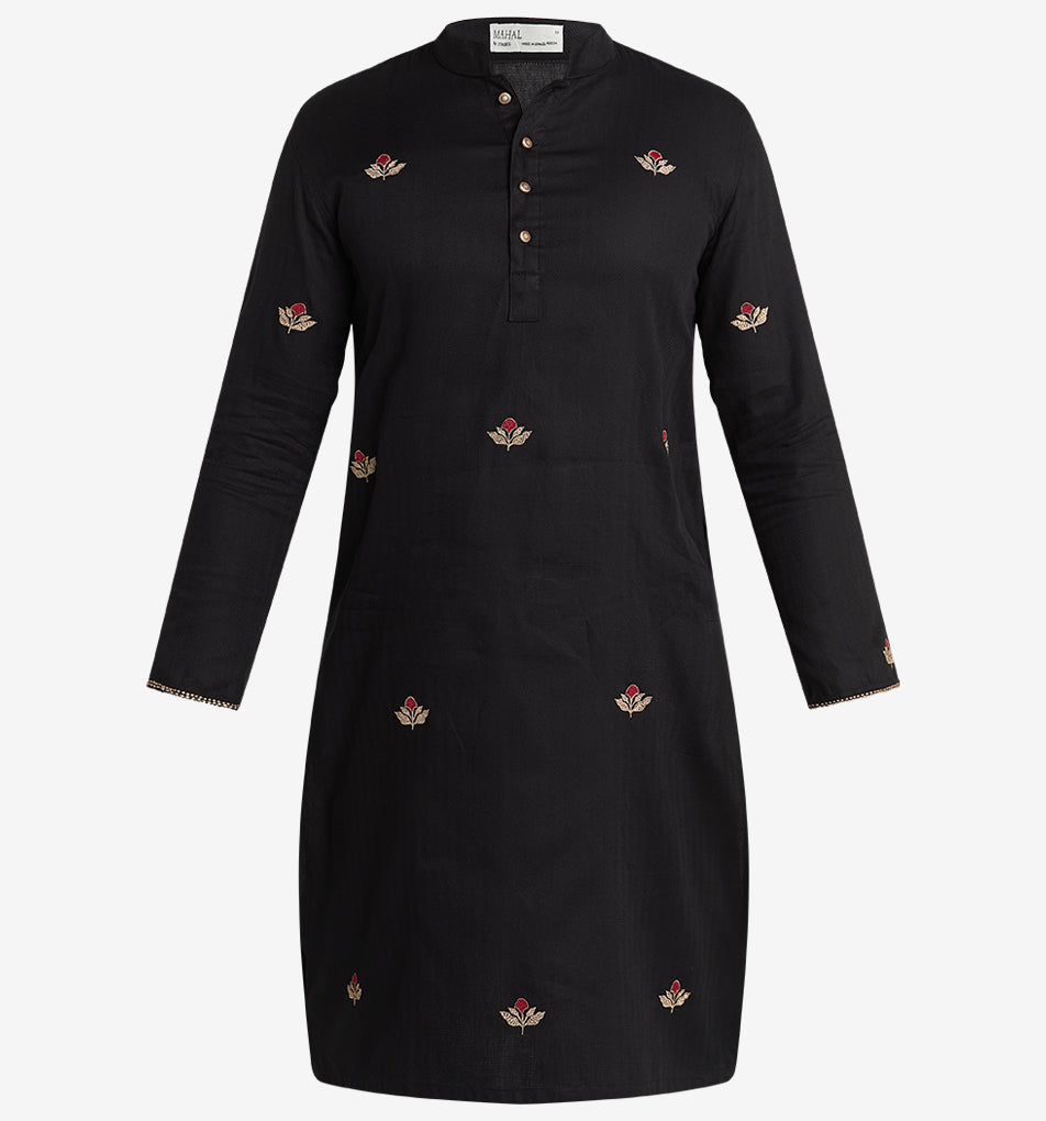 MAHAL Exclusive Black Panjabi w/ Ruby & Gold Embroidery