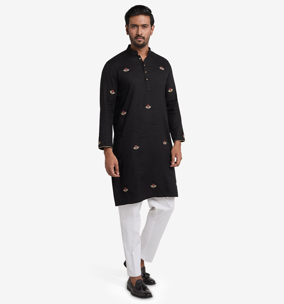 MAHAL Exclusive Black Panjabi w/ Ruby & Gold Embroidery