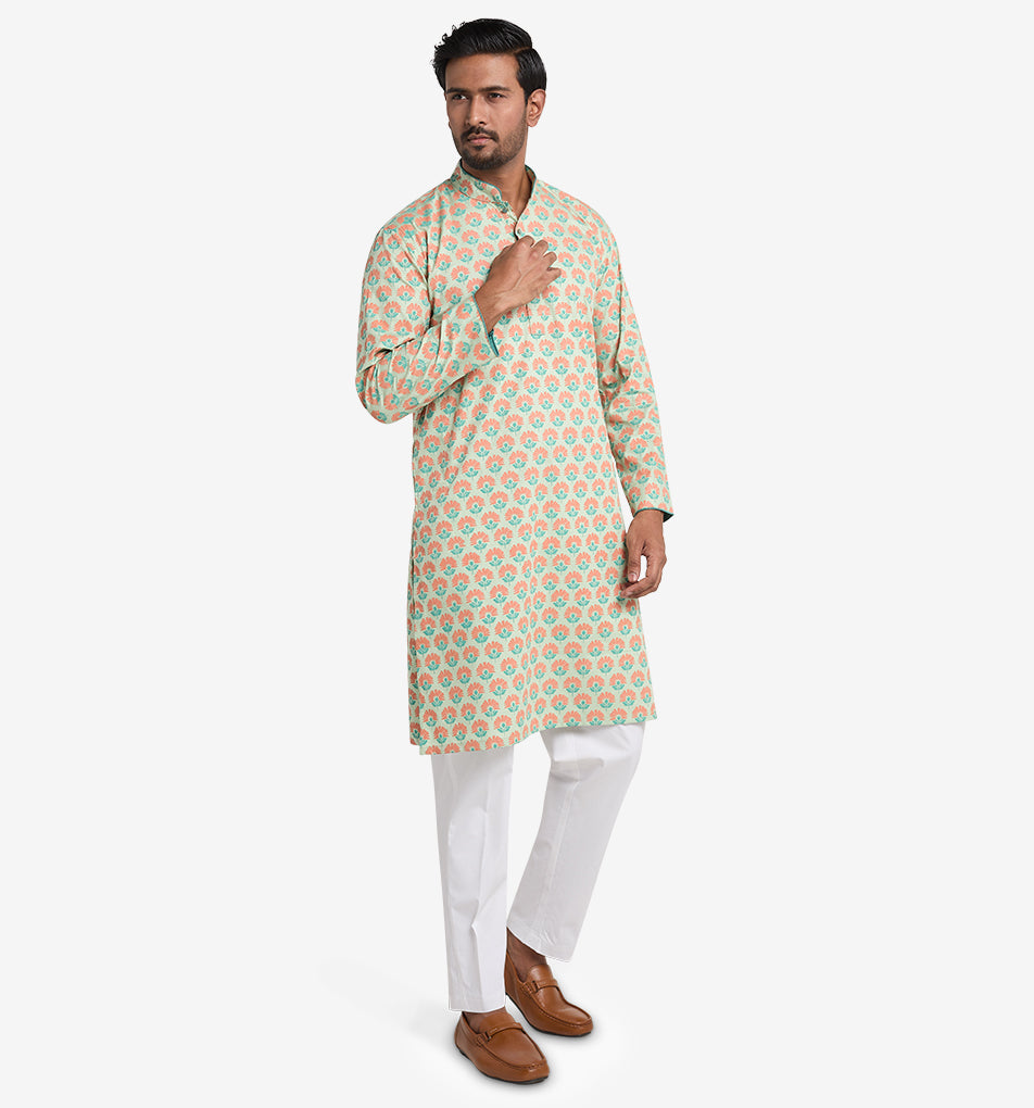 MAHAL Exclusive Mint Flower Bed Printed Panjabi