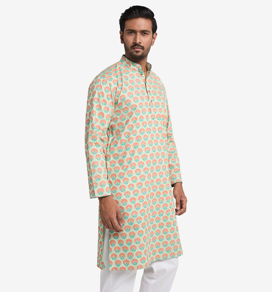 MAHAL Exclusive Mint Flower Bed Printed Panjabi
