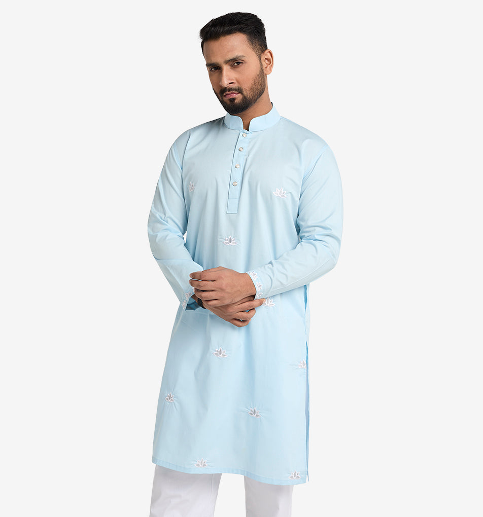 MAHAL Exclusive Sky Blue Panjabi w/ All Over Lotus Embroidery