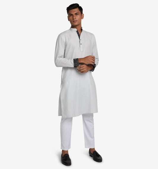MAHAL Pearl Grey Jacquard Paisley Panjabi