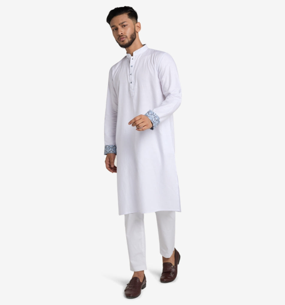 MAHAL White Panjabi w/ Tranquil Blue Accent