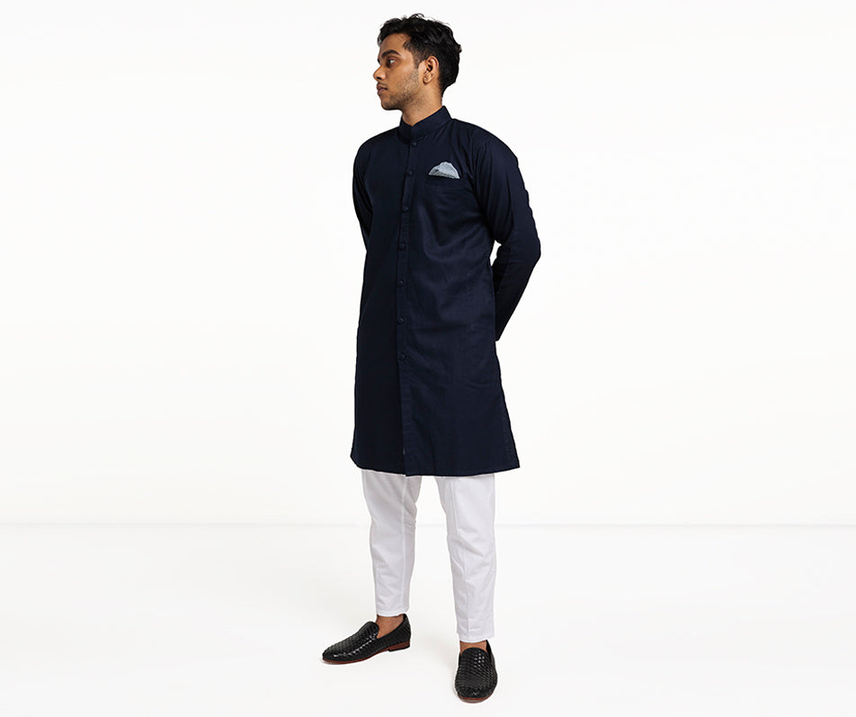 MAHAL Navy Sherwani w/ Pocket Square