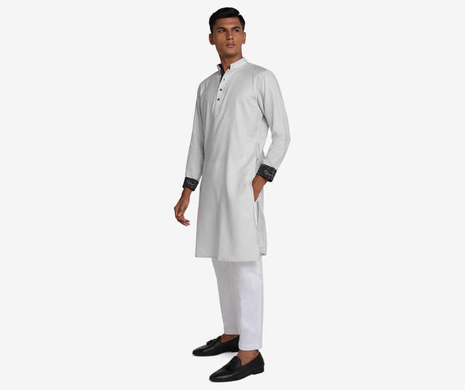 MAHAL Pearl Grey Jacquard Paisley Panjabi