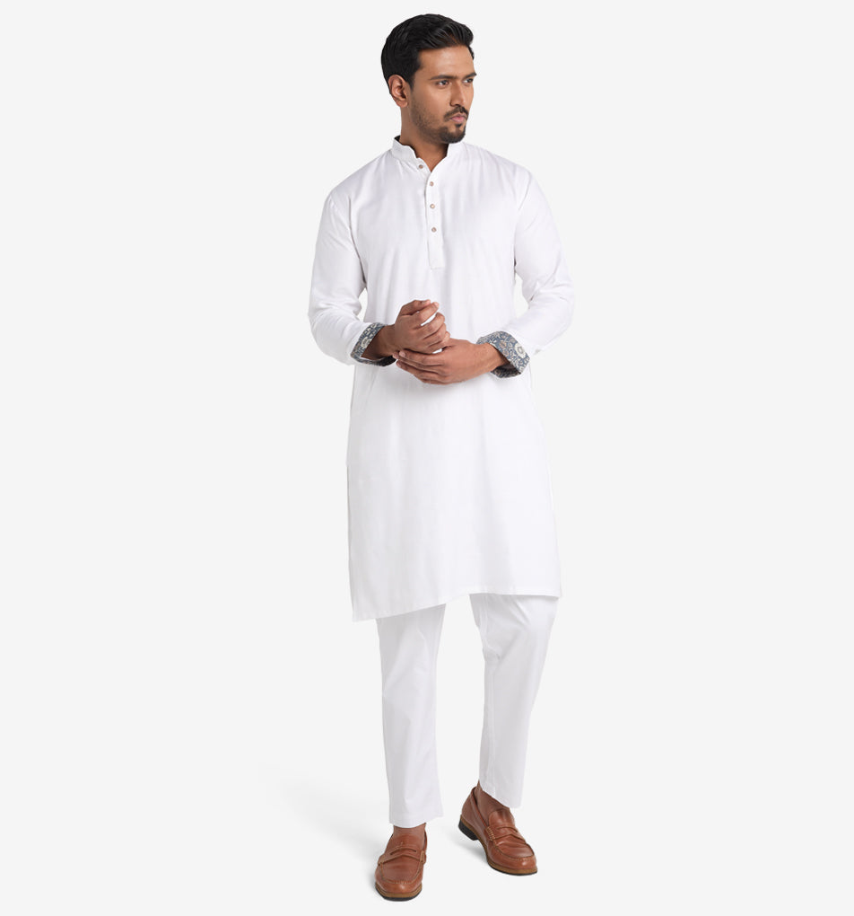 MAHAL Ultra-Soft White Panjabi w/ Floral Accent