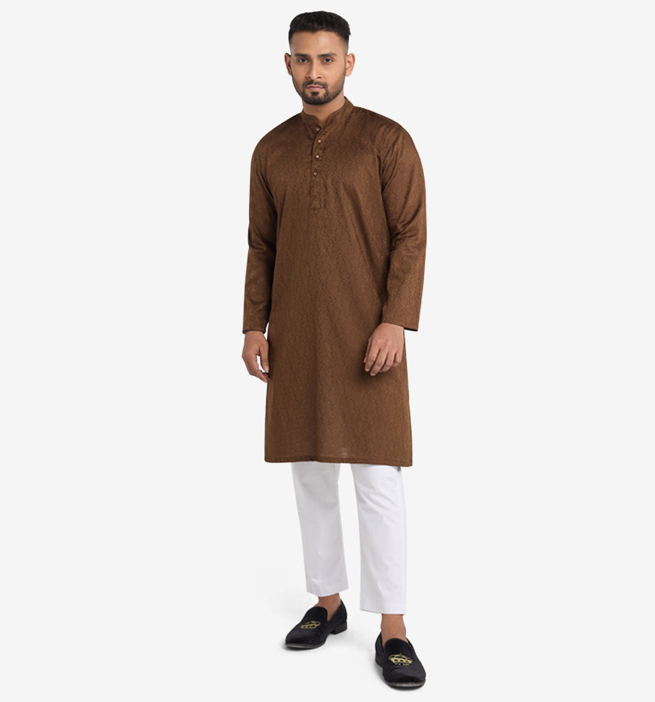 MAHAL Nutshell Brown Jacquard Floral Panjabi