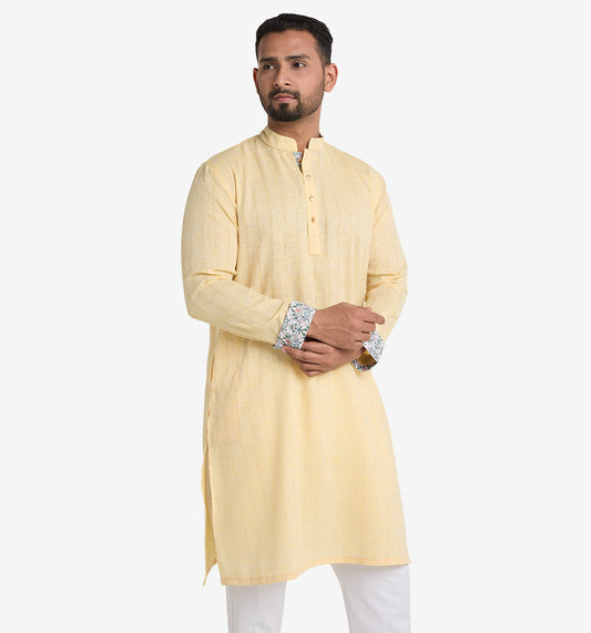 MAHAL Laguna Yellow Textured Panjabi w/ Floral Accent