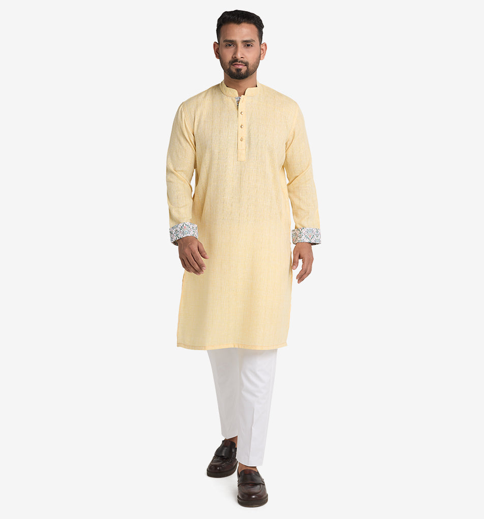 MAHAL Laguna Yellow Textured Panjabi w/ Floral Accent