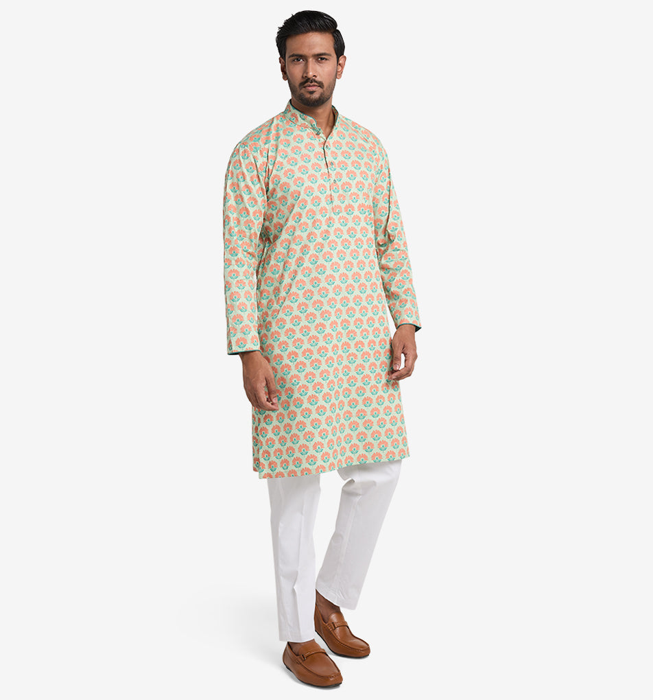 MAHAL Exclusive Mint Flower Bed Printed Panjabi
