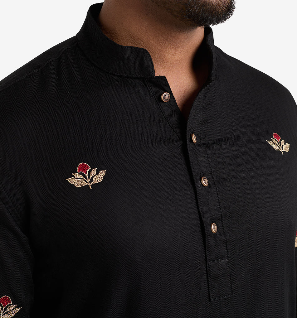 MAHAL Exclusive Black Panjabi w/ Ruby & Gold Embroidery